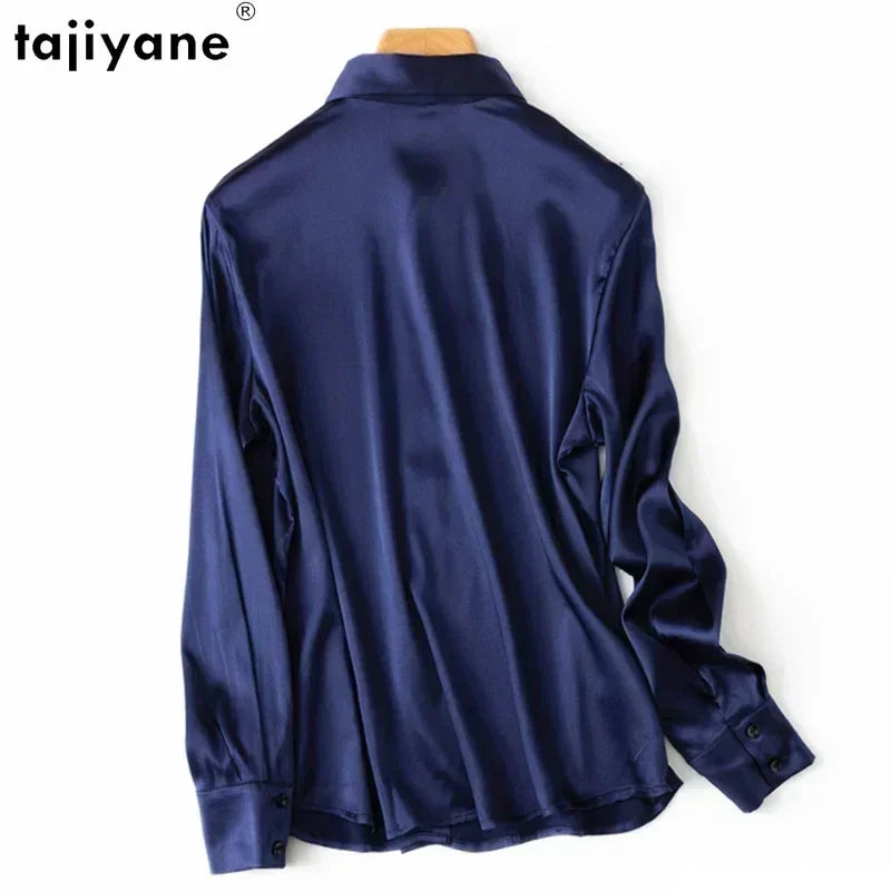 Tajiyane Women's 93% Mulberry Silk 7% Spandex 19 momme satin Silk Buttons long sleeve shirt Top Blouse office work chemise femme