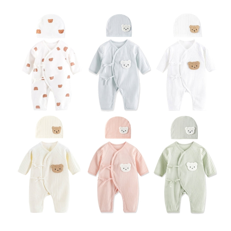 Breathable Newborn Bear Jumpsuit Hospital Hat Spring Outfit Long Sleeves Bodysuits for Baby Girls Boys Unisex Coveralls A2UB