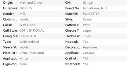 2025 Men's High Quality Classic Fashion New Zipper Printed Hooded Cotton Padded Jacket