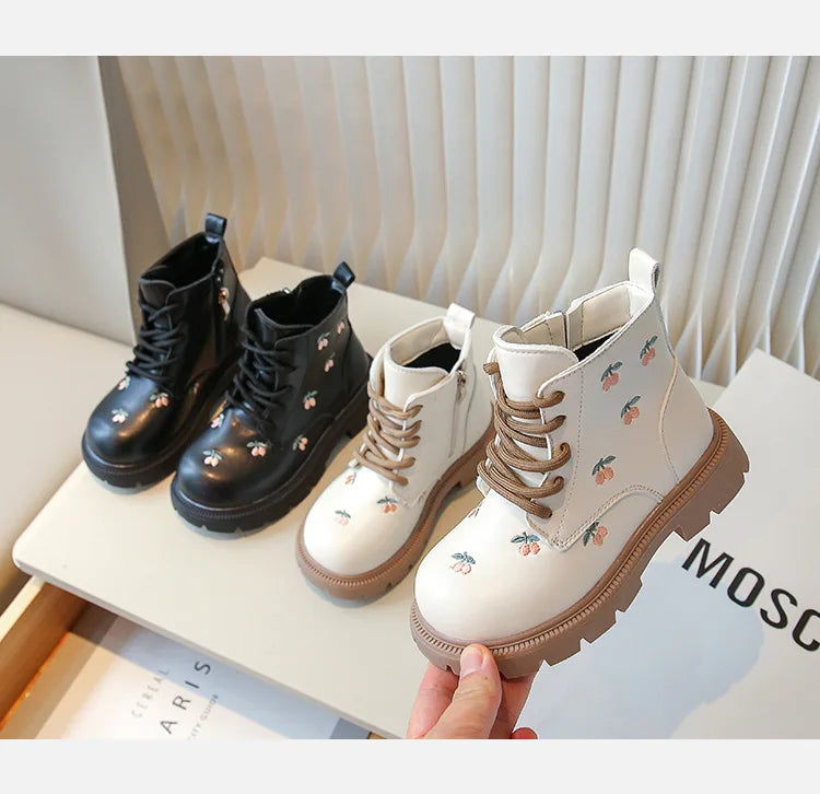 Girl's Ankle Boot Sweet Fashion Embroider Children Spring Autumn Leather Boots Causal Versatile Kid Princess Shorts Single Boots