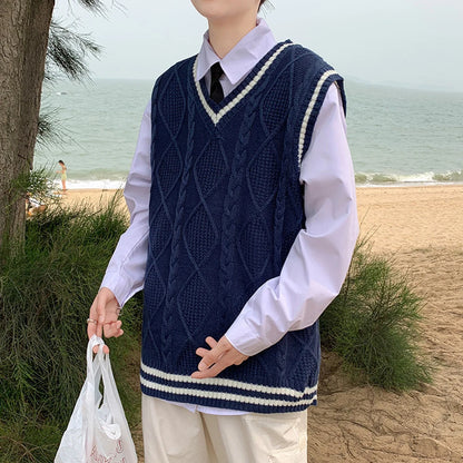 Men's Classic Contrast Color Thermal V-Neck Comfortable Cardigan Sleeveless Slight Stretch Solid Vest Simple Loose Waistcoat Tops