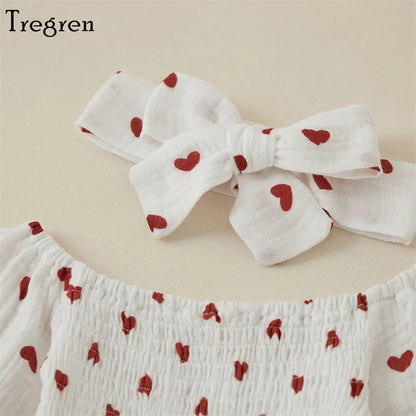 Tregren Infant Baby Girls Valentine's Day Romper Heart Print Long Sleeve Boat Neck Jumpsuits Spring Fall Bodysuits with Headband