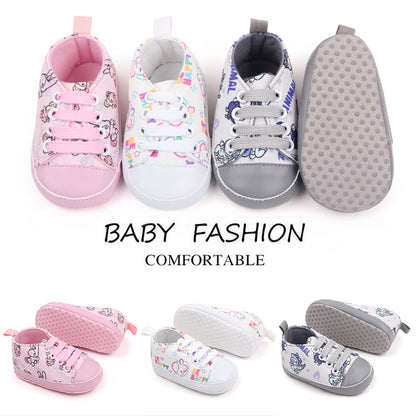 BeQeuewll Baby Boys Girls Crib Shoes Cartoon Print Tie-Up Sneakers Non-Slip Infant First Walkers For 0-18 Months