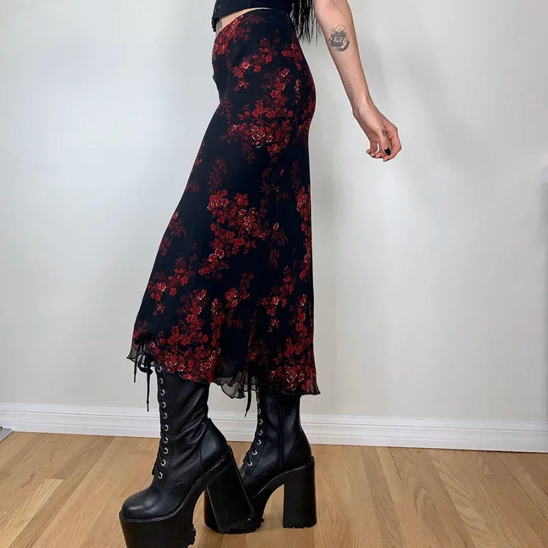 Combhasaki Women's Y2K Retro Vintage Floral Printed High Waist Ruffled Elegant Elastic Waist Long Skirts Street Style Bottoms