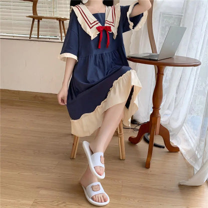 Pajamas Two-Piece Female Spring and Summer New Short-Sleeved Princess Navy Wind Sweet and Cute Students Cartoon Ladies Home wear