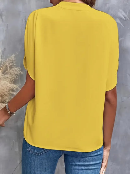 Summer Elegant Women's Blouse New V-neck Short Sleeve Solid Color Loose Shirt Casual White Tops Office Lady Blouse