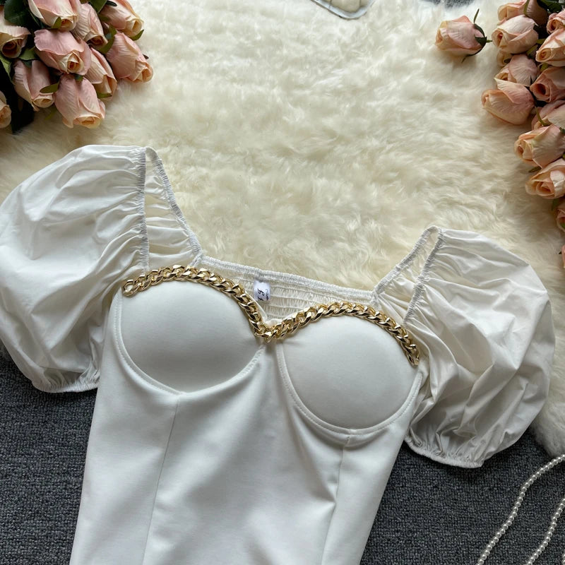 Belly Button Shirt Chic Chain Off Shoulder Expose Clavicle Tank Top Summer Puff Sleeve Crop Tops Women Elegant Sexy Slim Blouses