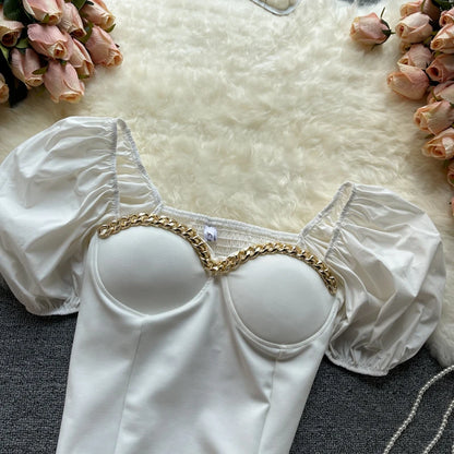 Belly Button Shirt Chic Chain Off Shoulder Expose Clavicle Tank Top Summer Puff Sleeve Crop Tops Women Elegant Sexy Slim Blouses