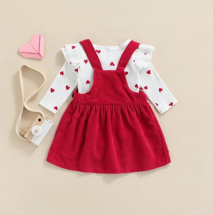 2Pcs Newborn Baby Girl Clothes Set Floral Print Long Sleeve Romper Pocket Corduroy Strap Suspender Skirts Girls Spring Outfits