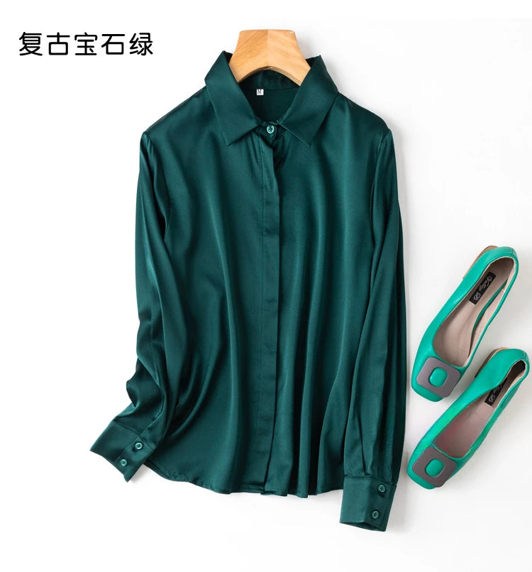 Tajiyane Women's 93% Mulberry Silk 7% Spandex 19 momme satin Silk Buttons long sleeve shirt Top Blouse office work chemise femme