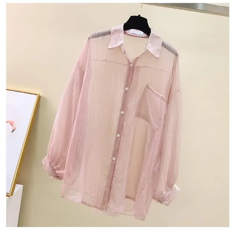 Shirts Women Sheer Thin Chic Summer Simple Solid Sun-proof Temper Fashion Baggy All-match Basic Korean Style Clothes