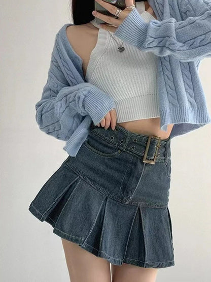 Embroider denim skirt women's clothing spring and summer retro pleated skirt empire look slimmer mini skirt