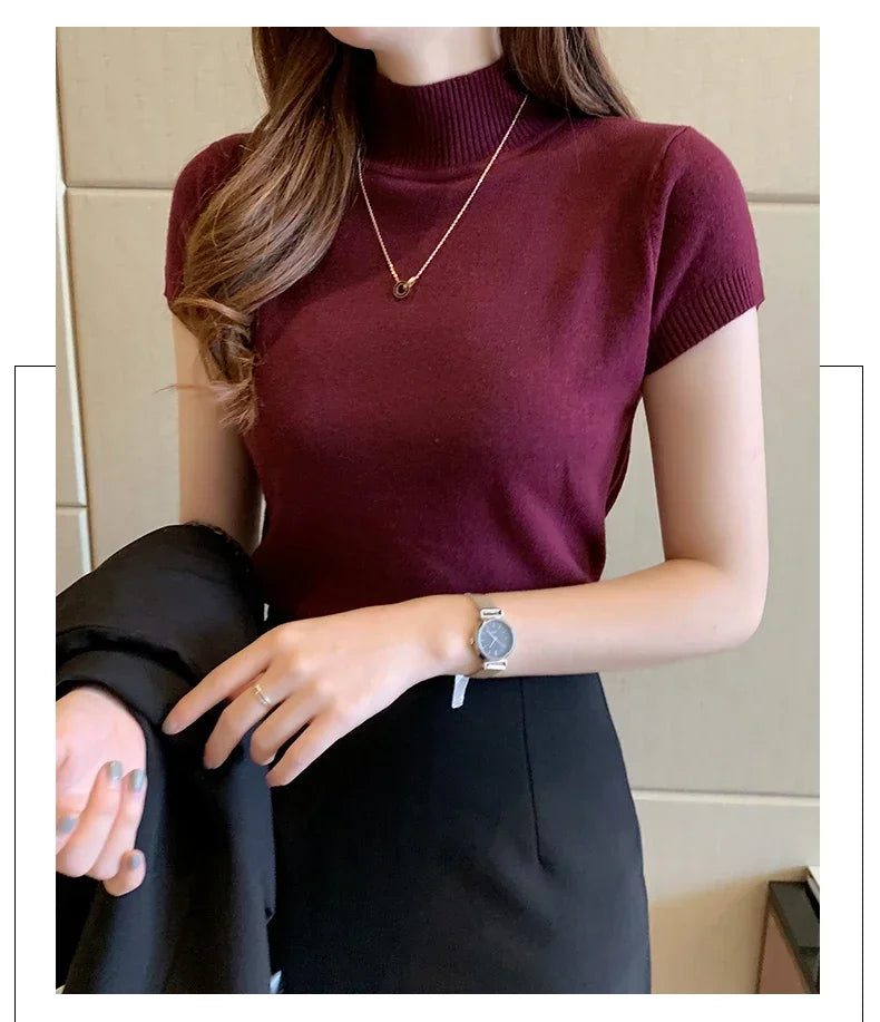 Fashion Woman Blouses 2025 Short Sleeve Summer Tops Blouse Women Turtleneck Knitted Blouse Shirt Women's Tops And Blouses