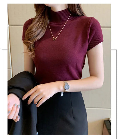 Fashion Woman Blouses 2025 Short Sleeve Summer Tops Blouse Women Turtleneck Knitted Blouse Shirt Women's Tops And Blouses