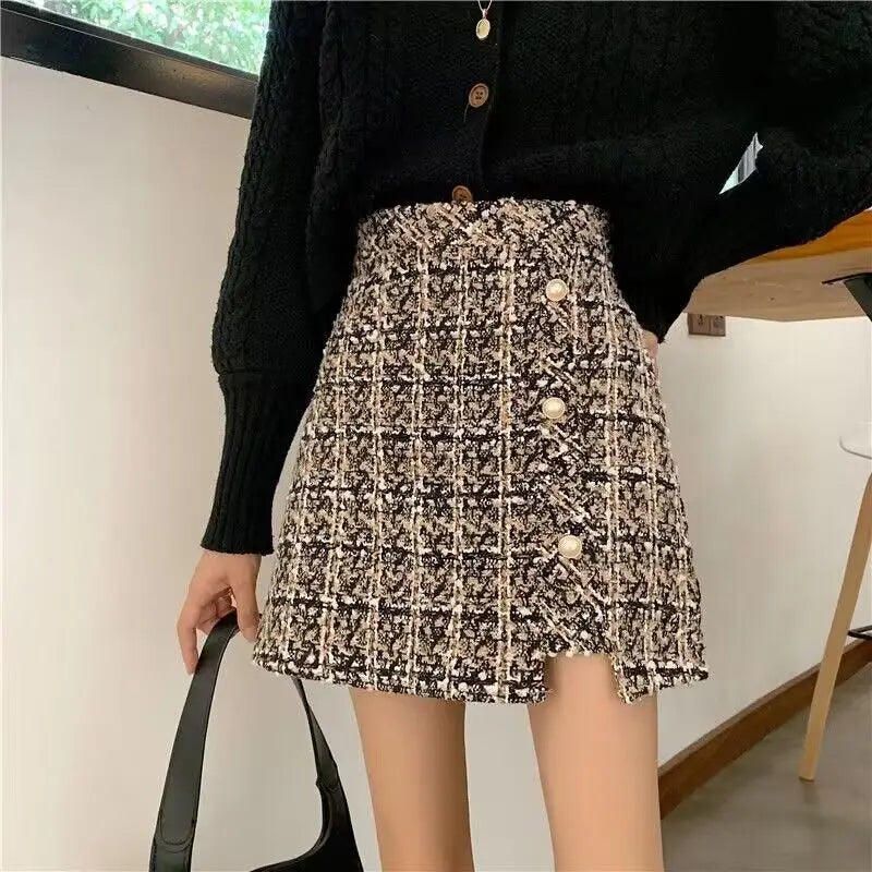 Tweed Skirts for Women Solid High Waist Slimming Skirts Autumn Spring 2025 Buttons Double Breasted Tweed Wool Mini Skirt