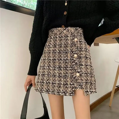 Tweed Skirts for Women Solid High Waist Slimming Skirts Autumn Spring 2025 Buttons Double Breasted Tweed Wool Mini Skirt