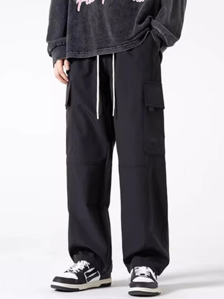 Thick and stretchy straight leg elastic waistband versatile casual long pants for men in autumn and winter, warm pure cotton pan