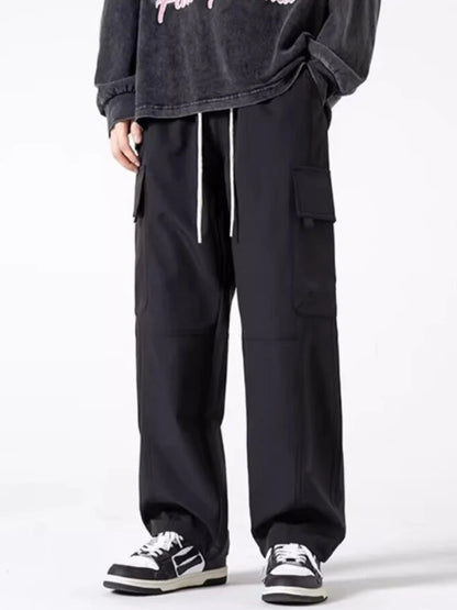 Thick and stretchy straight leg elastic waistband versatile casual long pants for men in autumn and winter, warm pure cotton pan