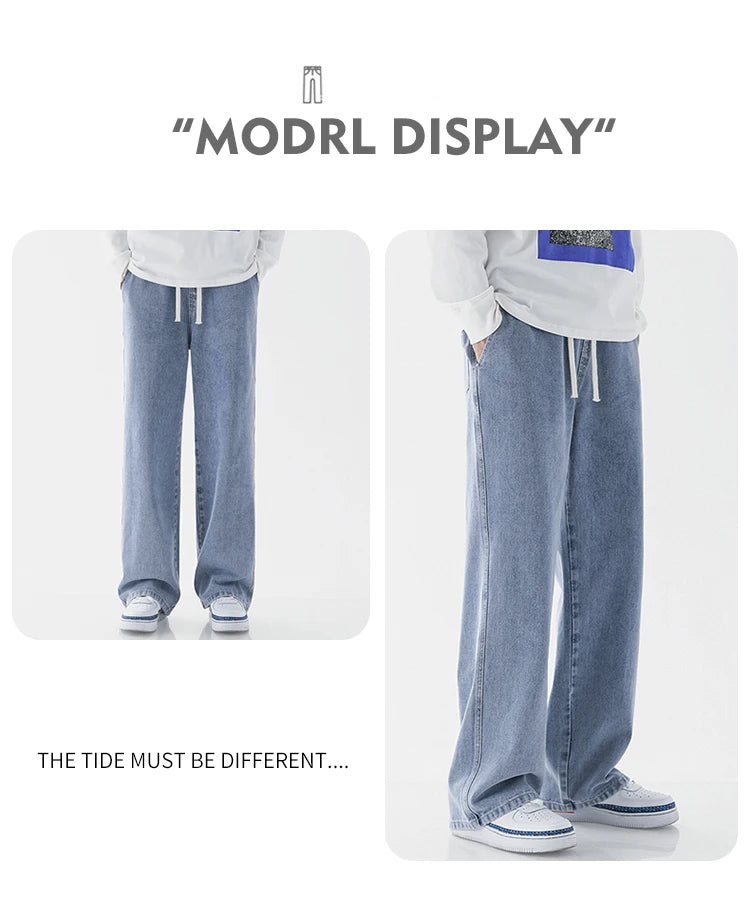 Spring Men Baggy Washed Jeans Drawstring Wide Leg Cargo Denim Pants Fashion Casual Trousers Male Designer Clothing Blue Black