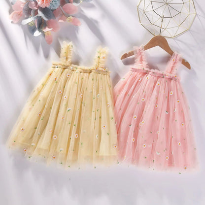 Hot New Baby Girl clothes High Quality Flower Embroidery Halter Mesh Little Girls Dress Cute Baby Dress Sweet Princess Frock