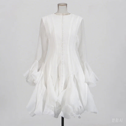 VGH Elegant Spliced Ruffles Midi Dresses for Women O Neck Petal Sleeve High Waist Slim Patchwork Buttons Solid Dress Female New