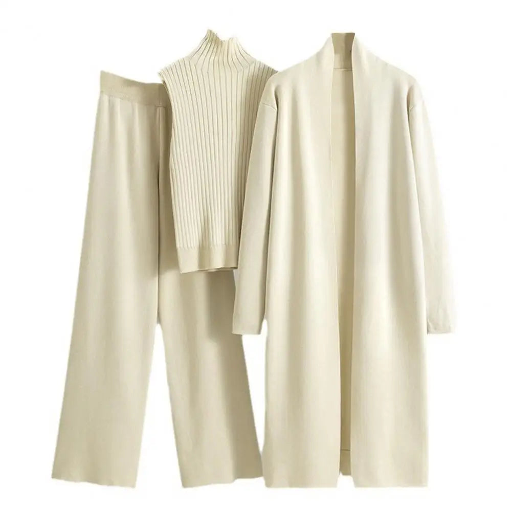 3 Pcs/Set Women Sweater Coat Vest Pants Knitted Turtle Neck Sleeveless Sweater Mid Length Cardigan Fall Winter Two Pieces Set
