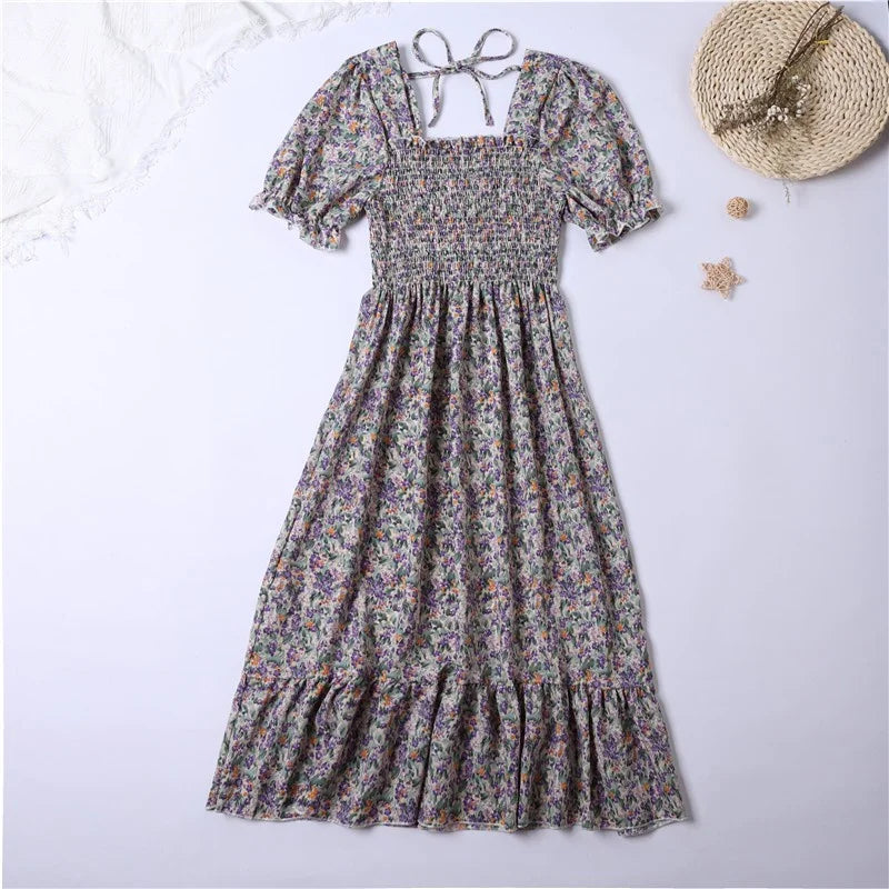 Summer Pleated Women Chiffon Dresses Casual Beach Holiday Short Sleeve Square Collar Woman Midi Dress Bohemian
