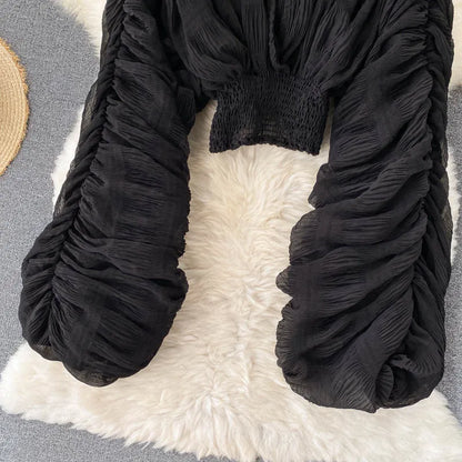 Women Sexy Chiffon Short Blouse Female See Through Super Long Sleeve Purple/Green/Black/White Folds Party Tops 2025 New