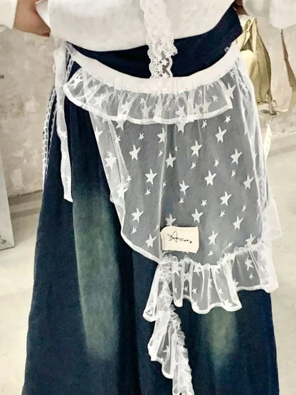 Fashion Star Gauze Sweet Irregular Chic Women Skirts Japanese Y2k Aesthetic Split Skirt Vintage Casual Lace Ruffled Fairy Faldas