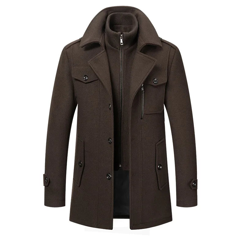 Autumn Winter Men's Woolen Coat Fashion Double Neck Coat Solid Color Long Sleeve Jacket