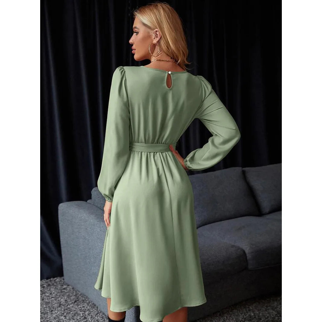 Summer Women's New Fashion Lantern Sleeves Keyhole Back Lace Up Waist Satin Round Neck Long Sleeve Medium Length Dress