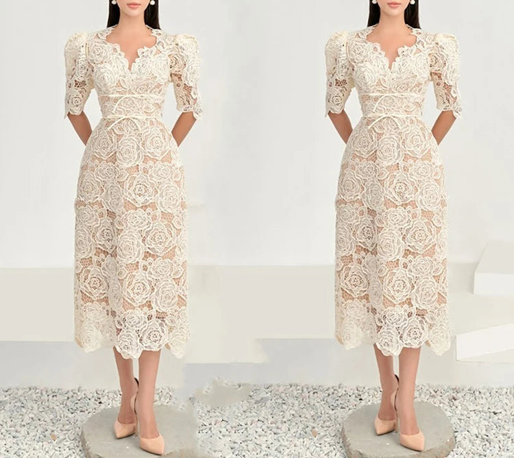 Queen Summer Dresses Korean Retro High Waist Vestidos Elegant Fashion Slim Midi Hollow Out Office Party Casual Lace Dress