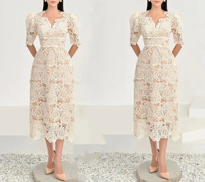 Queen Summer Dresses Korean Retro High Waist Vestidos Elegant Fashion Slim Midi Hollow Out Office Party Casual Lace Dress