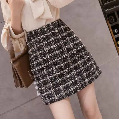 Tweed Skirts for Women Solid High Waist Slimming Skirts Autumn Spring 2025 Buttons Double Breasted Tweed Wool Mini Skirt