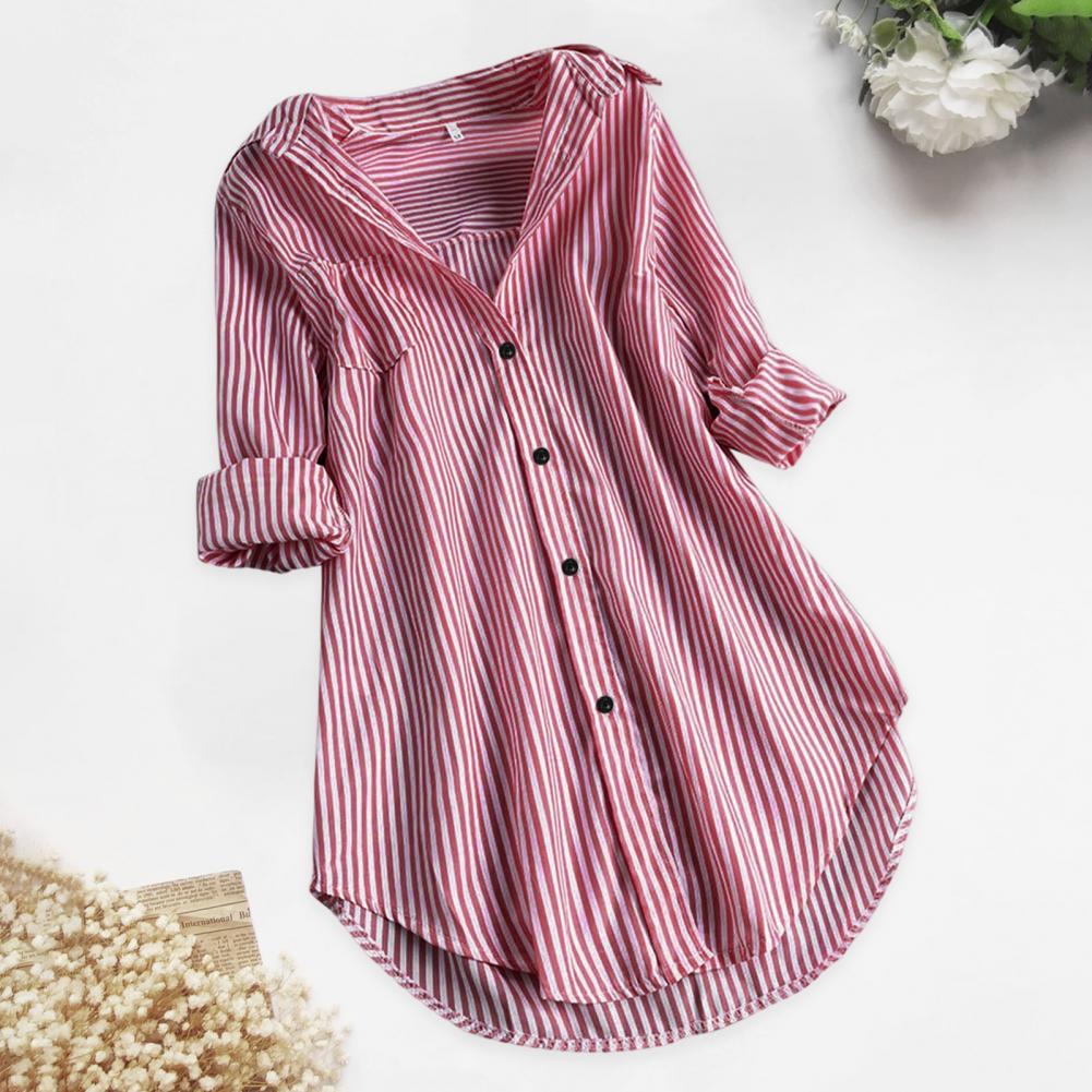 M-4XL Women Tunic Shirt Striped Long-sleeves V Neck Mid Long Turn-down Collar Loose Fit Casual Summer Elegant Ladies Blouse Top