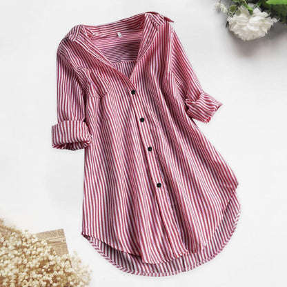 M-4XL Women Tunic Shirt Striped Long-sleeves V Neck Mid Long Turn-down Collar Loose Fit Casual Summer Elegant Ladies Blouse Top
