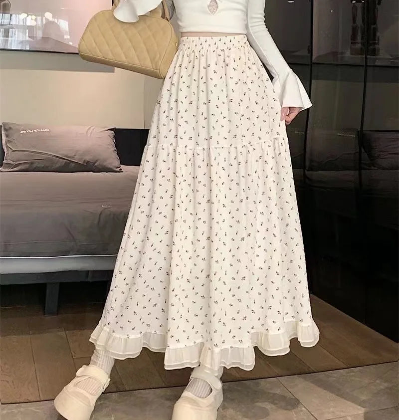 Summer White Floral Long Skirt Womens Y2k Clothes Fashion Elastic High Waist Casual Elegant Spliced Gauze Skirts for Women 2025