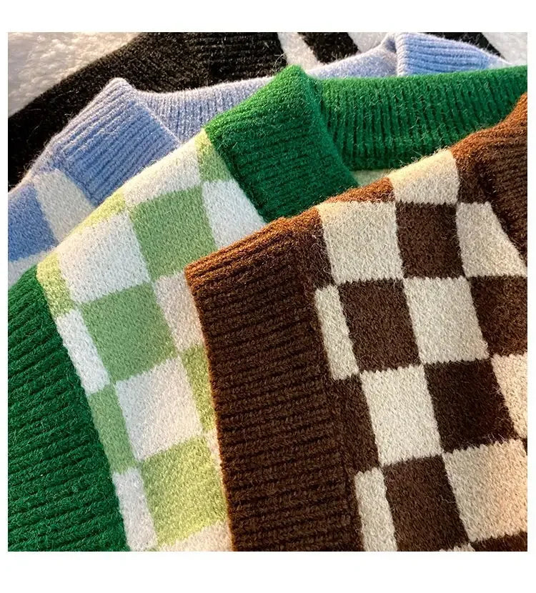 Men's Checkerboard Plaid V-neck Knitted Vest Female Spring Autumn Loose Couple Sweater Coat Sleeveless Vests Casual Tops