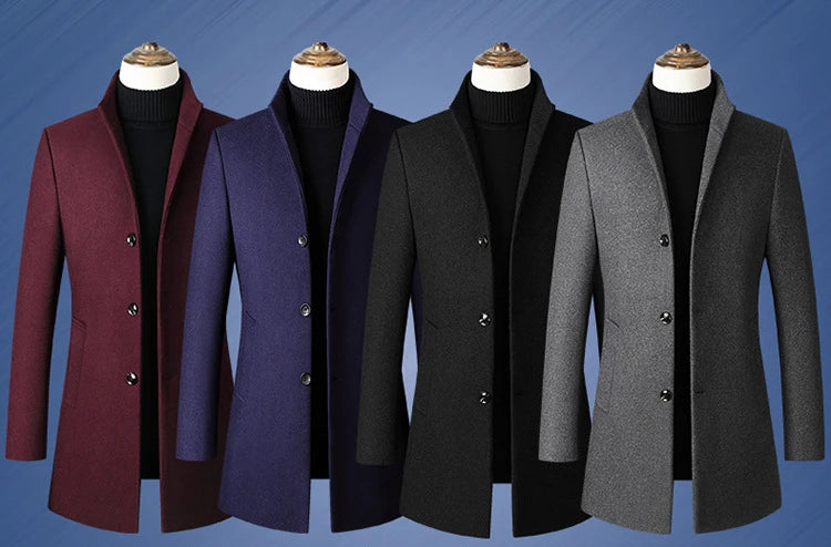 EUR Size S-XXL Autumn Winter Thick Warm Stand-up Collar Woolen Men Coat Business Casual Slim Coat Woolen Jacket Male Windbreaker