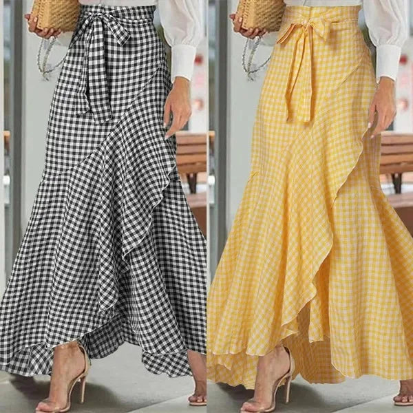 Spring Autumn Women Long Skirt High Waist Lace-up Ruffle Trim Plaid Print Bow Tie Irregular Hem Maxi Skirt Female 2025 New