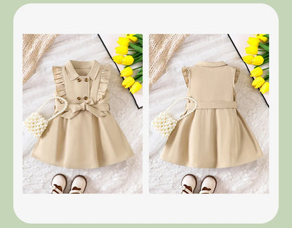 Wholesale Kids Girls Retro Solid Color Trench Belted Dress Double Breasted Elegant Summer Baby Dress