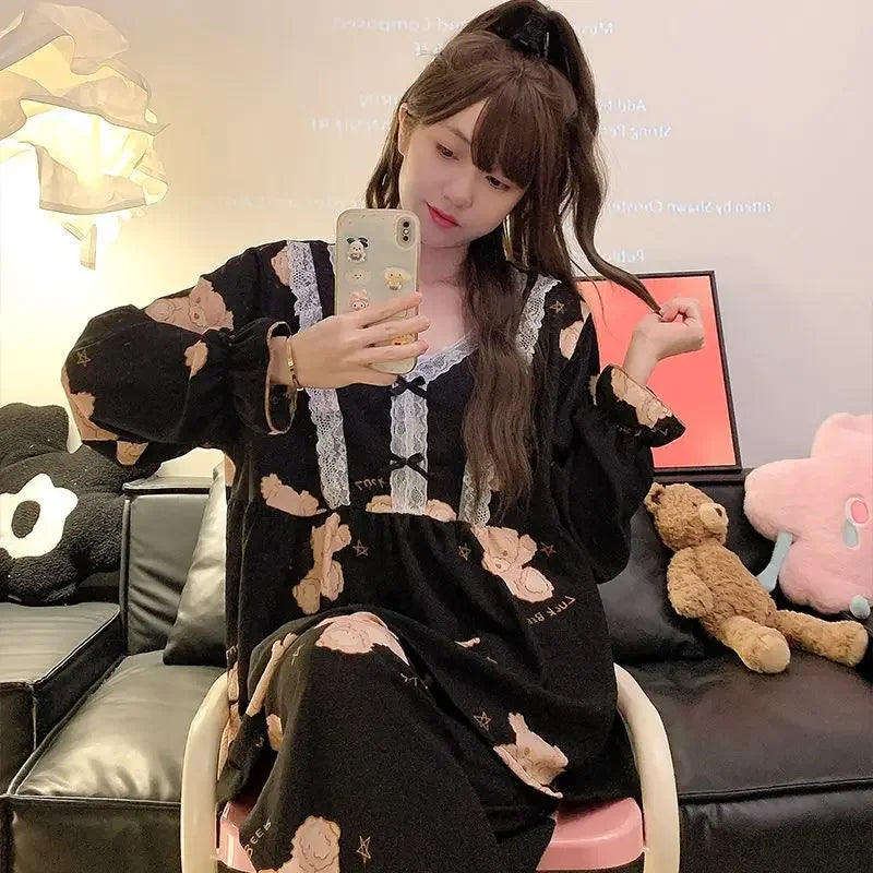 5XL Plus Size Pajama Set Women Lace Sweet Home Clothes Spring Autumn Long Sleeve Tops Trousers Loose-fit Comfortable Loungewear