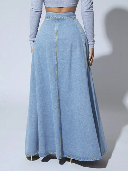 Denim Skirts Women Long Skirt A Line Single Breasted High Waist Jeans Vintage Maxi Simple Casual Elegant Splice Y2k Streetwear