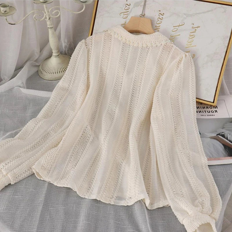 Shirts Women Peter Pan Collar Hollow Out Fashion Tender Sweet Solid Young French Style Elegant Ins Топ Женский New Arrival Chic