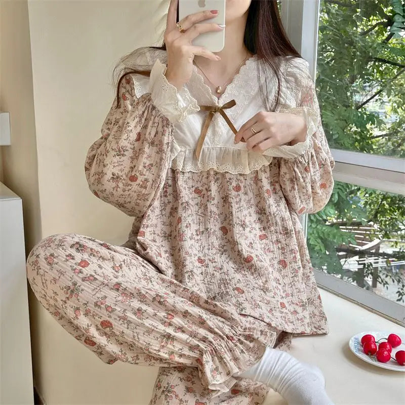 Pajama Sets Women Comfortable Daily Print Design Sweet Autumn Popular Attractive Ulzzang V-Neck Students Holiday Elegant Trendy