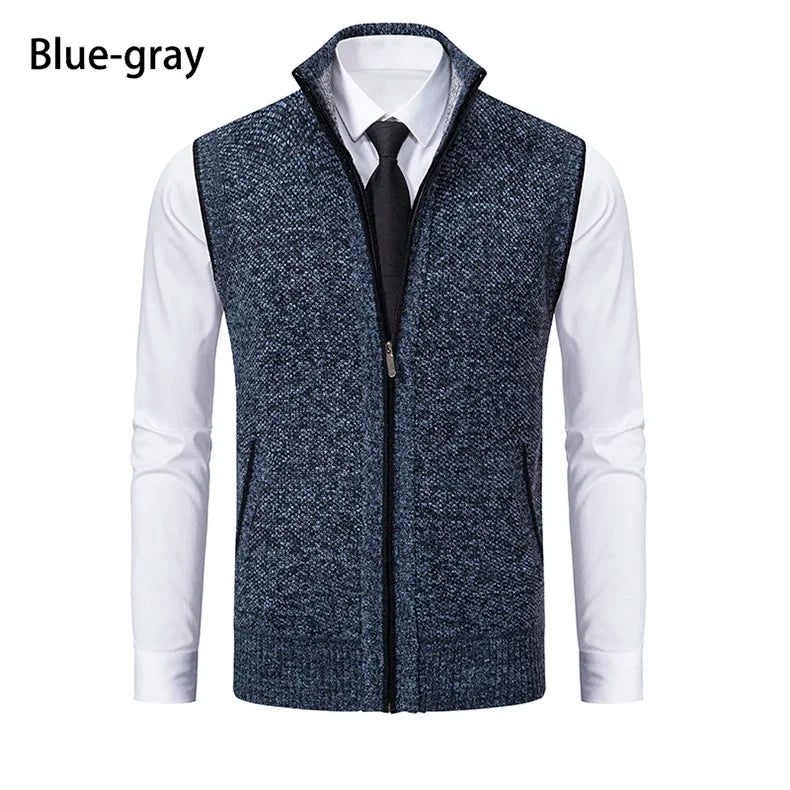 Vest Men Knitted Sleeveless Sweater Jacket Wool Velvet Zipper Cardigan Turn-down Pullovers Turtleneck Sweater coat Knit Waistcoat
