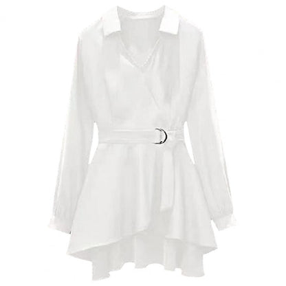 M-4XL Women's Shirt Lapel V Neck Long Sleeves Irregular Hem Plus Size Waist Tight Adjustable Belt Pullover Shirt Female Clothing