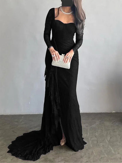 2025 Women's Ruffled Lace Evening Dress Solid Color Square Neck Long Sleeve Skinny Maxi Dress Wrap Hip Party Gowns