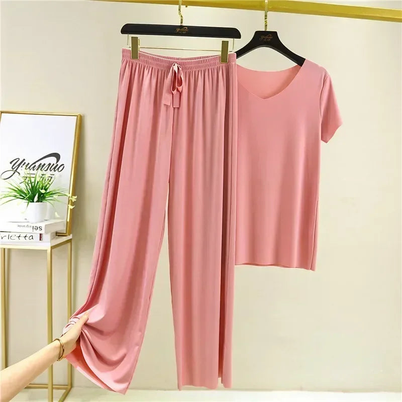 Female Home Clothes 2 Pieces Set Lady Home Suit Summer Women Lounge Wear Autumn Loose Home wear Suit for Women Pajamas Pants Set
