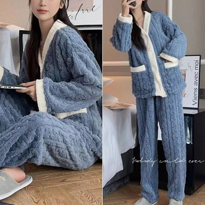 2pcs/Set Autumn And Winter Pajamas Women Thickened Padded Warm Students Coral Girls Clot Velvet Suit Home wear Cardigan Trousers